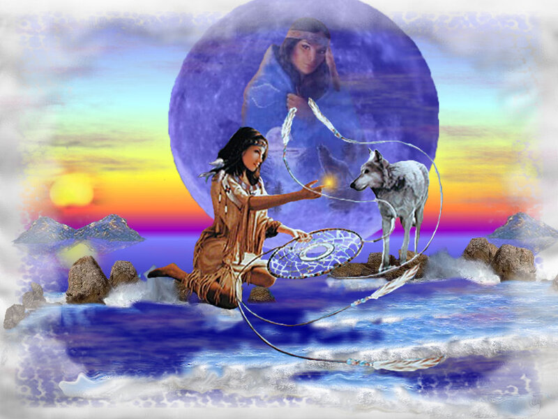 Native American Woman with Wolf — Blue