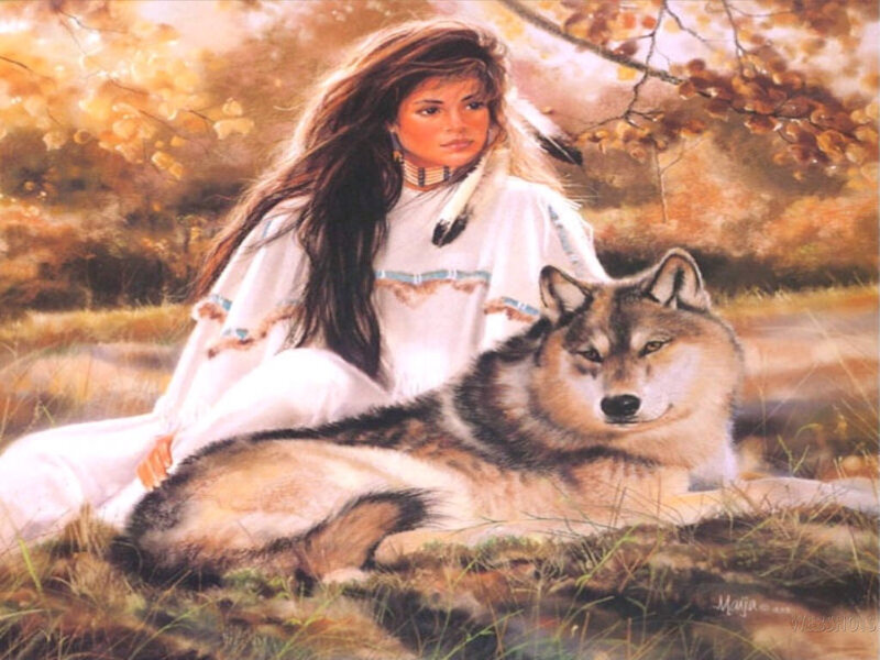 Native American Woman with Wolf — Brown, Serene