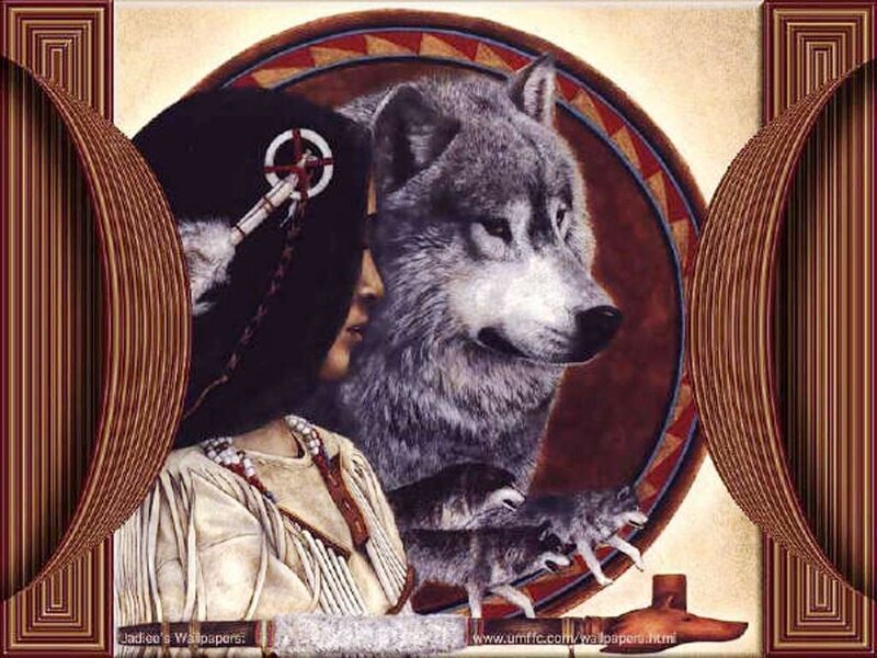 Native American Woman with Wolf — Brown