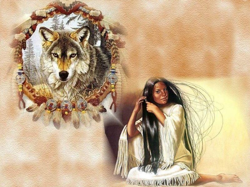 Native American woman with wolf dreamcatcher
