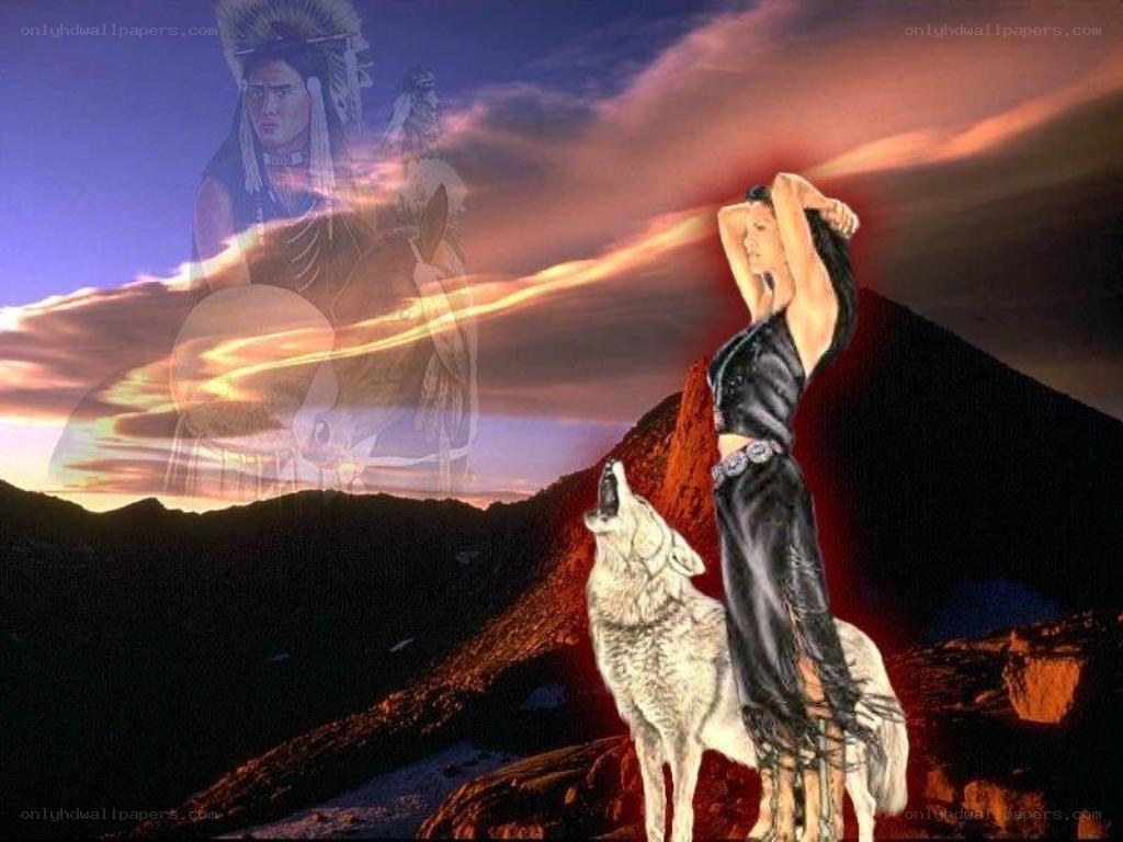 Native American woman with wolf