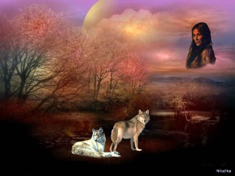 Native American woman with wolves