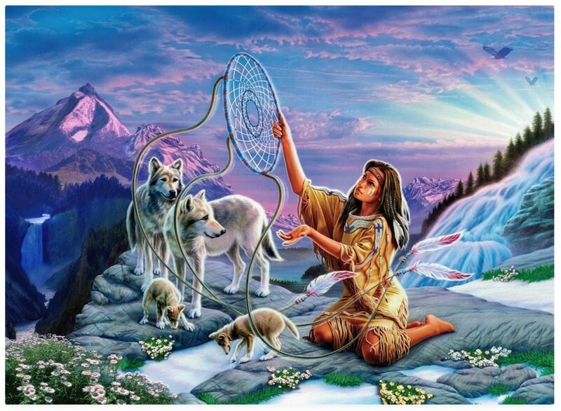 Native American Woman with Wolves — Blue, Serene