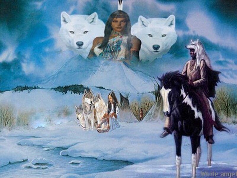 Native American Woman with Wolves — Blue