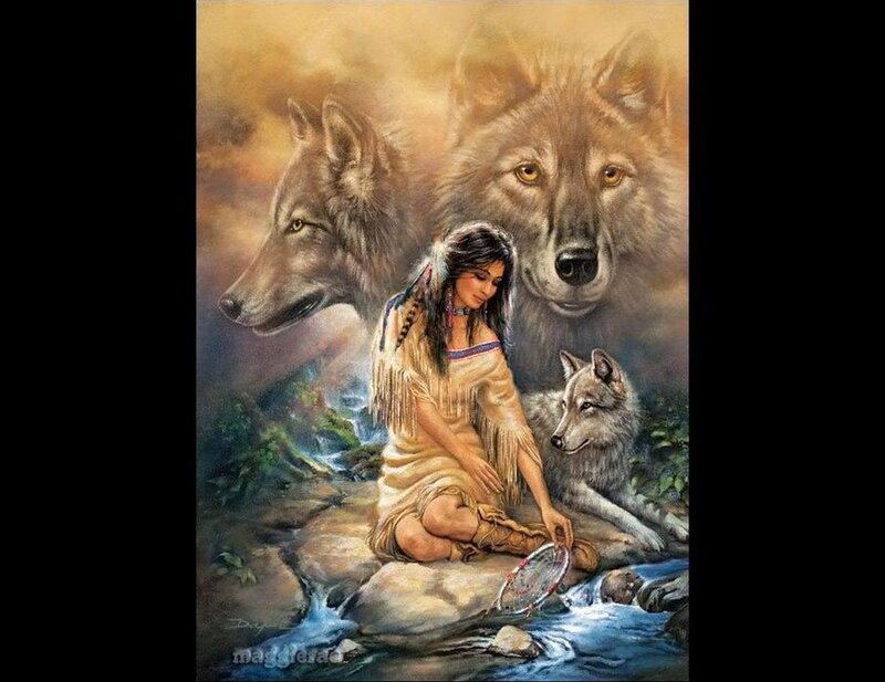Native American Woman with Wolves — Brown, Serene