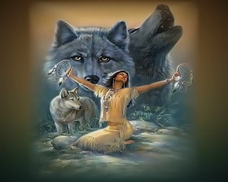 Native American Woman with Wolves — Brown