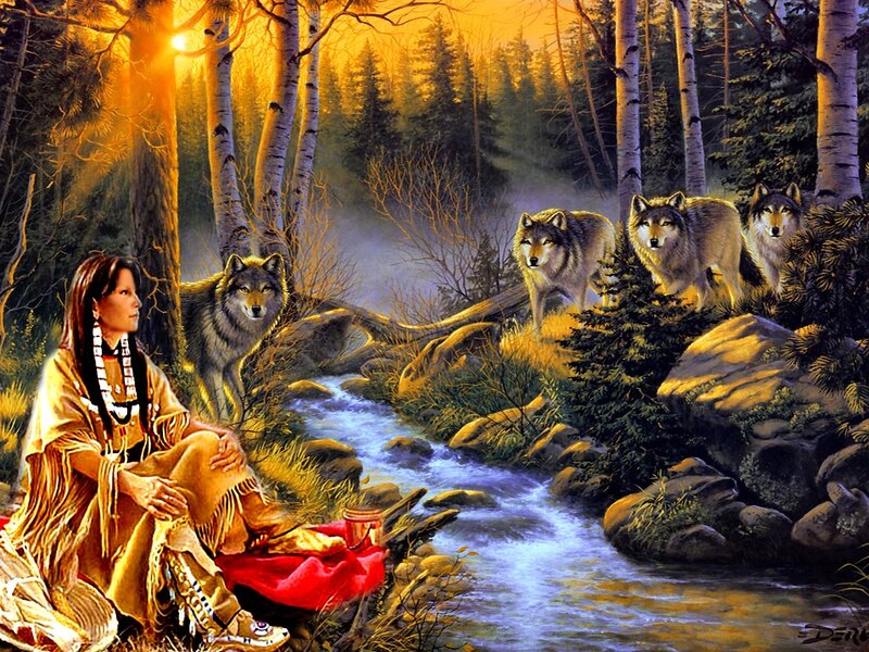 Native American Woman with Wolves — Gold, Serene