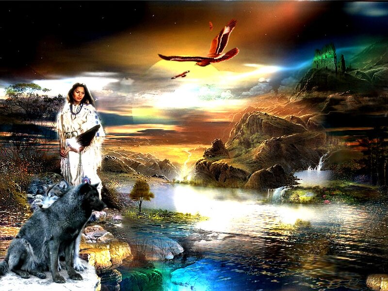 Native American Woman with Wolves — Gold