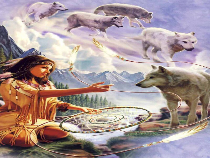 Native American Woman with Wolves — Purple