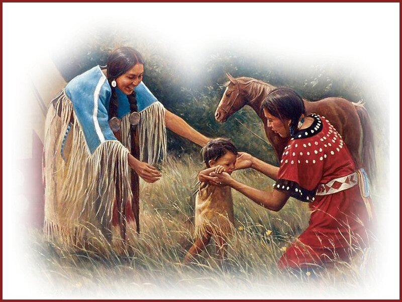 Native American Women and Child — Red