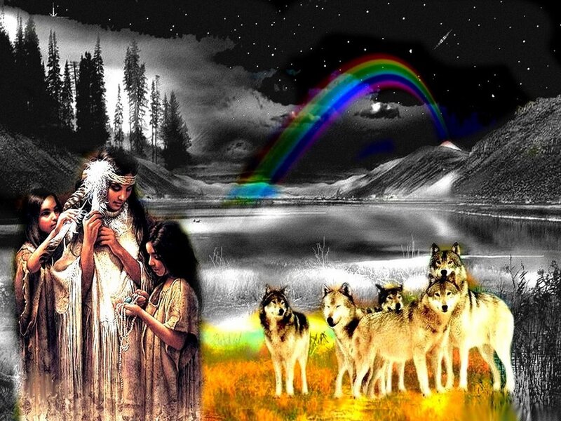 Native American Women with Wolves