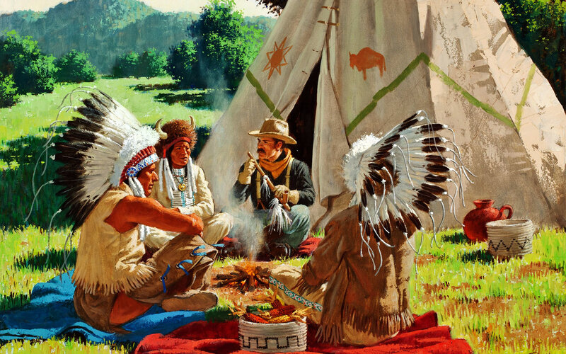 Native Americans and settler by teepee