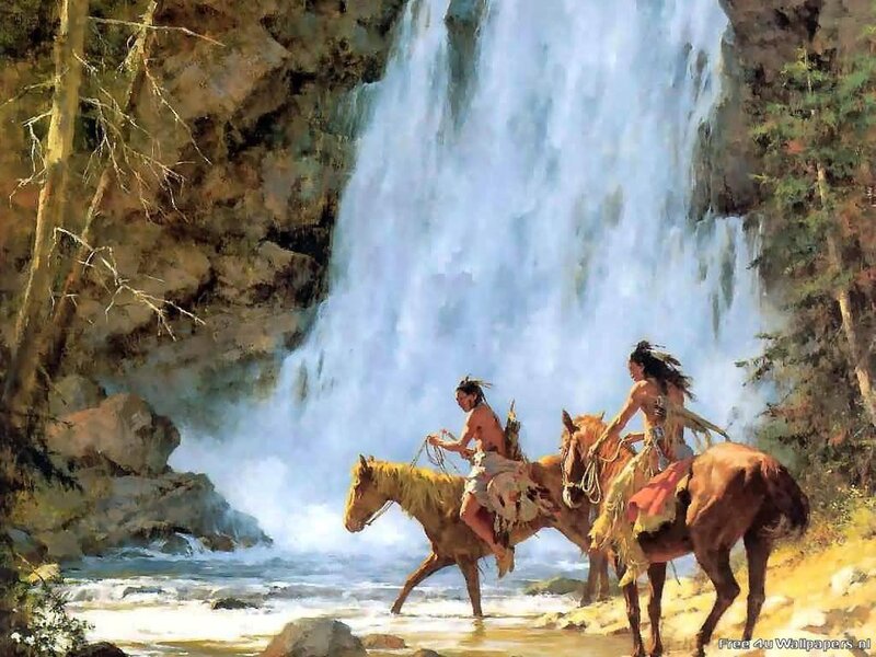 Native Americans at a waterfall