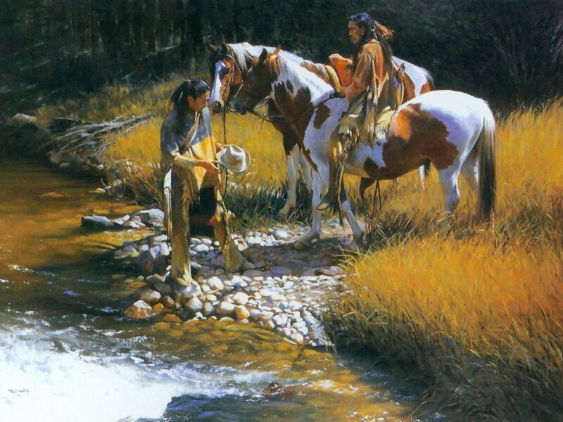 Native Americans by a stream