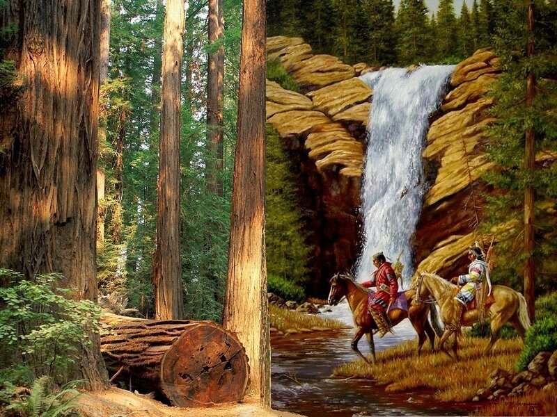 Native Americans by a waterfall