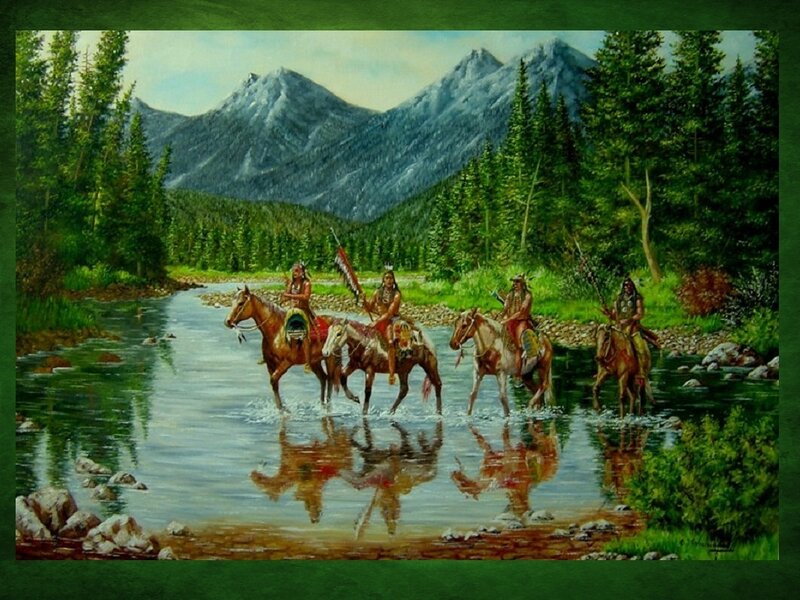 Native Americans crossing a river