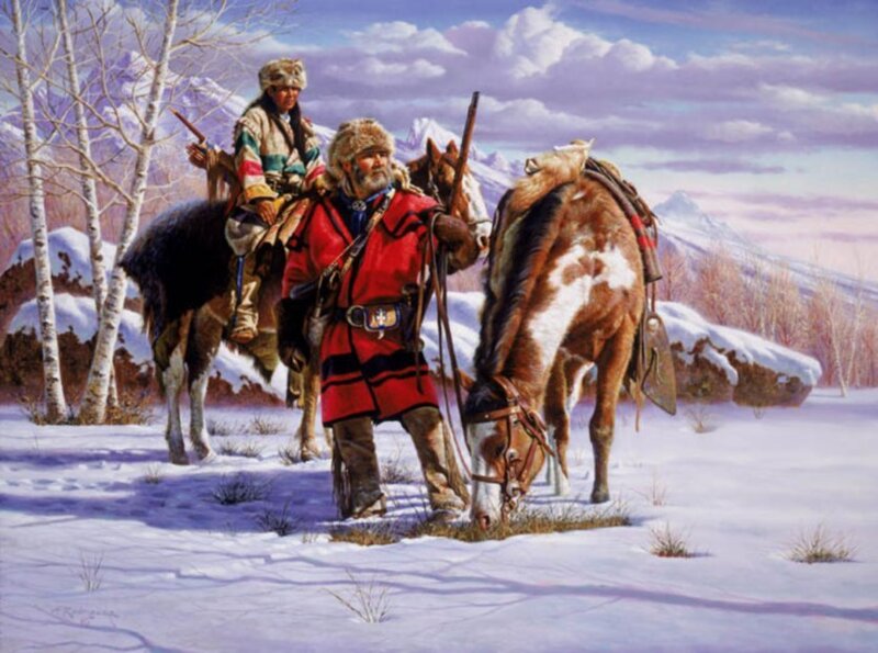 Native Americans in winter landscape