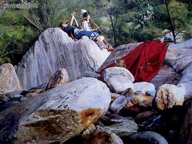 Native Americans on a rocky shore