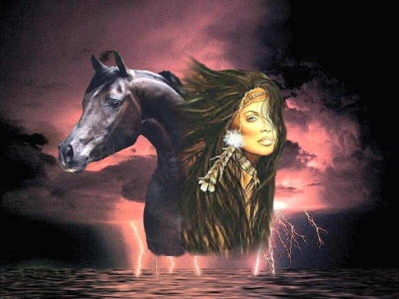 Native woman and horse in storm