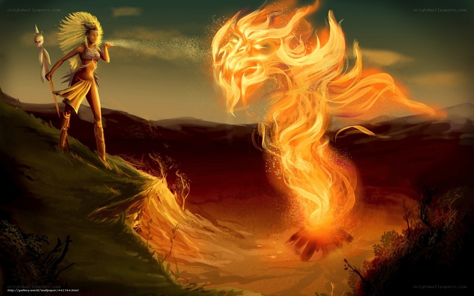 Native woman conjures fire spirit