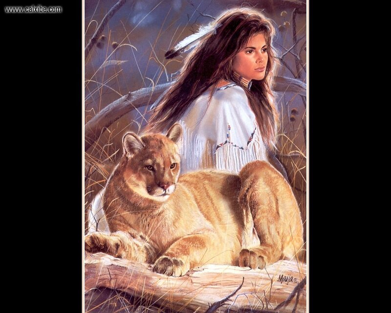 Native woman with cougar