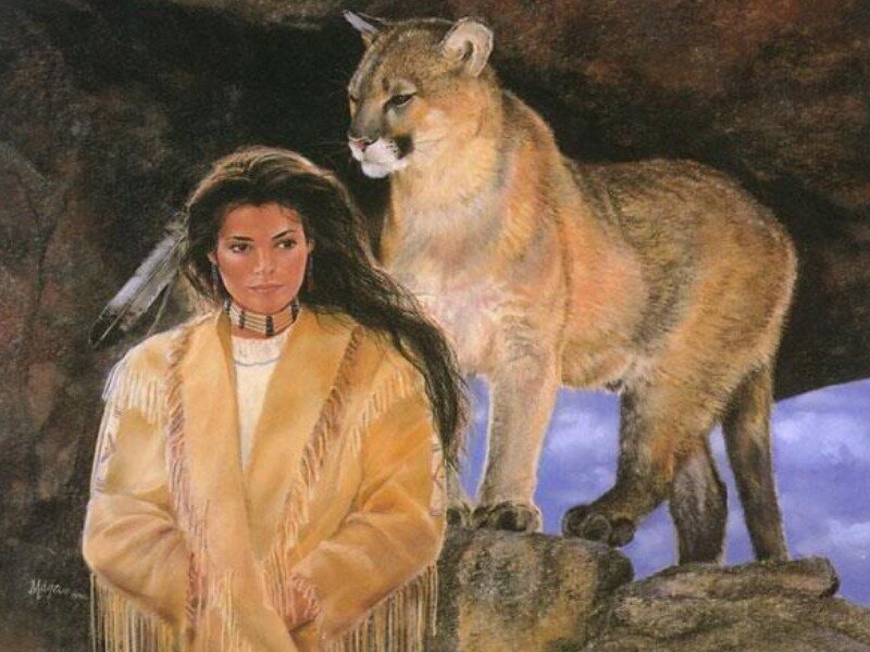 Native woman with cougar