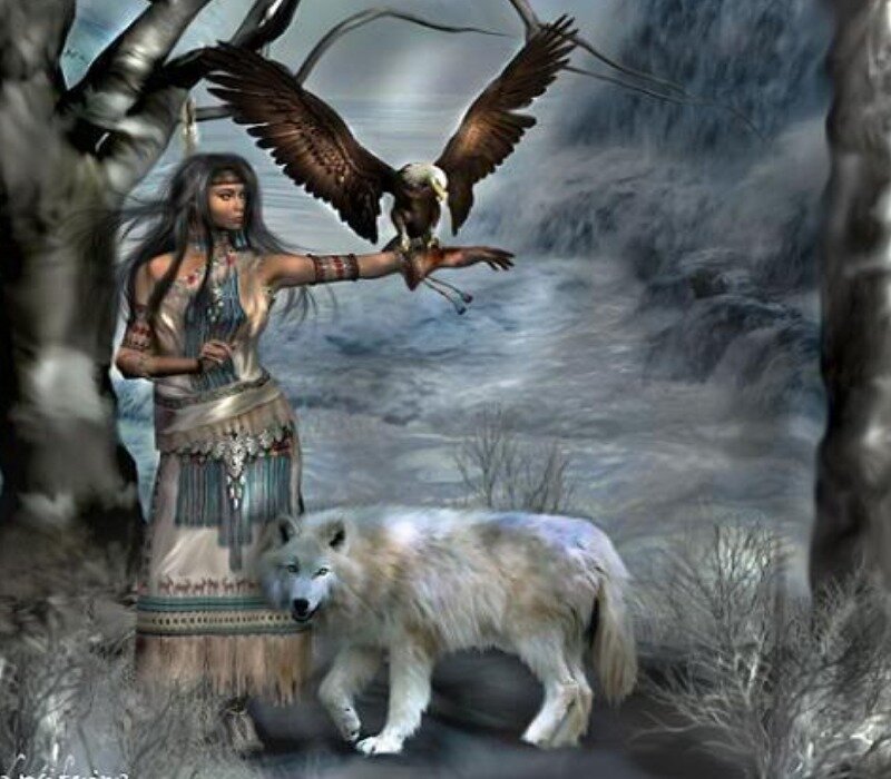 Native woman with eagle and wolf