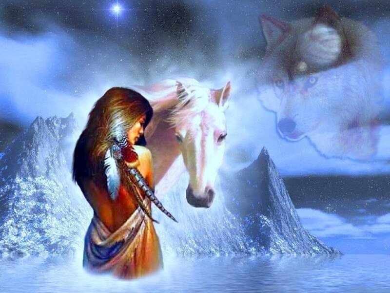 Native woman with horse and wolf