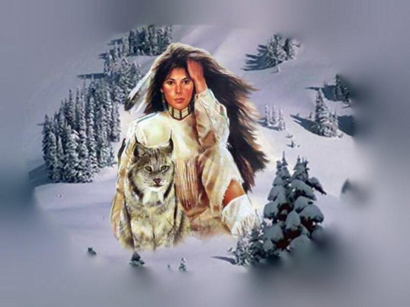 Native woman with lynx in snow
