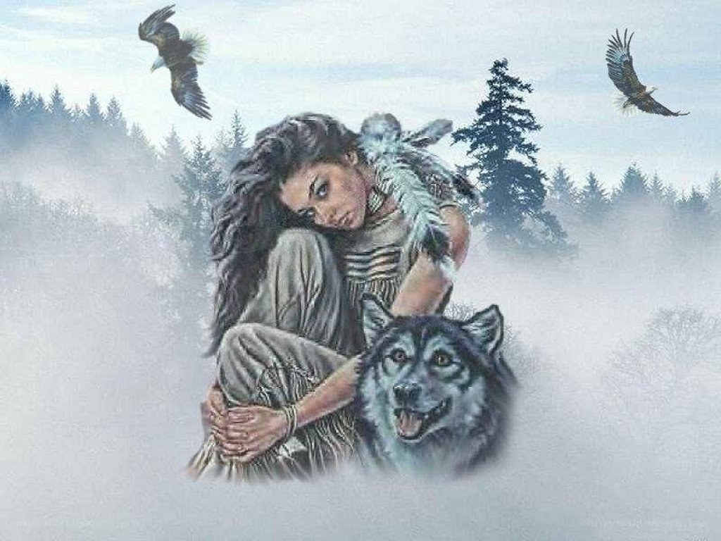 Native woman with wolf and eagles