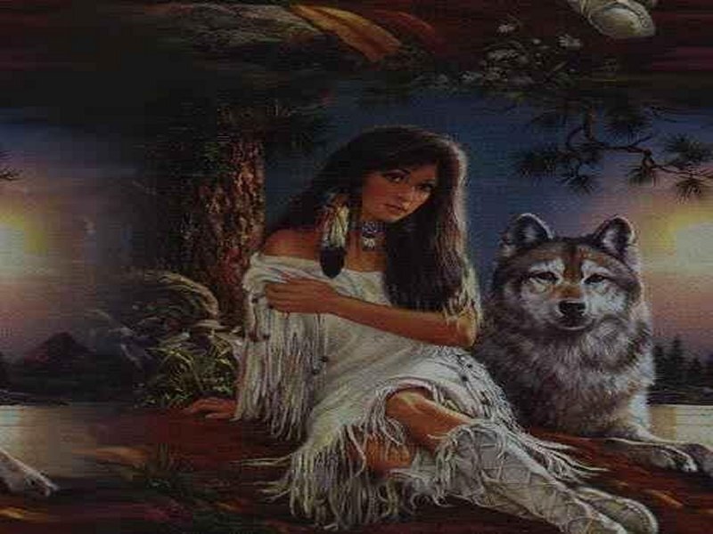 Native woman with wolf at dusk