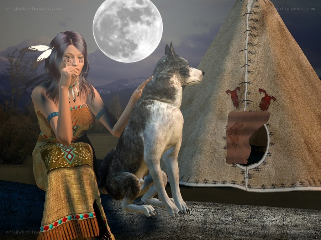 Native woman with wolf at night