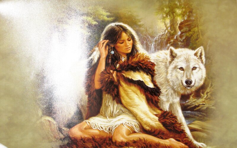 Native Woman with Wolf — Brown, Serene