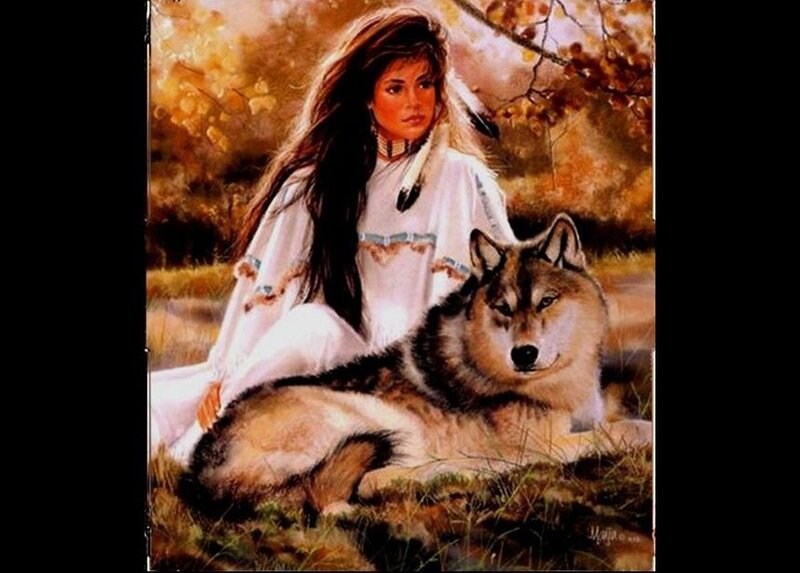 Native Woman with Wolf — Brown