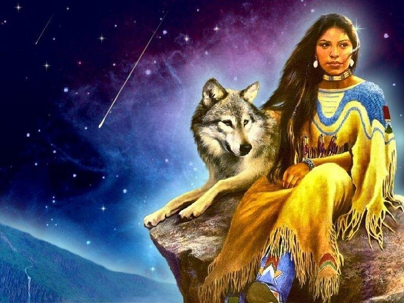 Native woman with wolf under stars