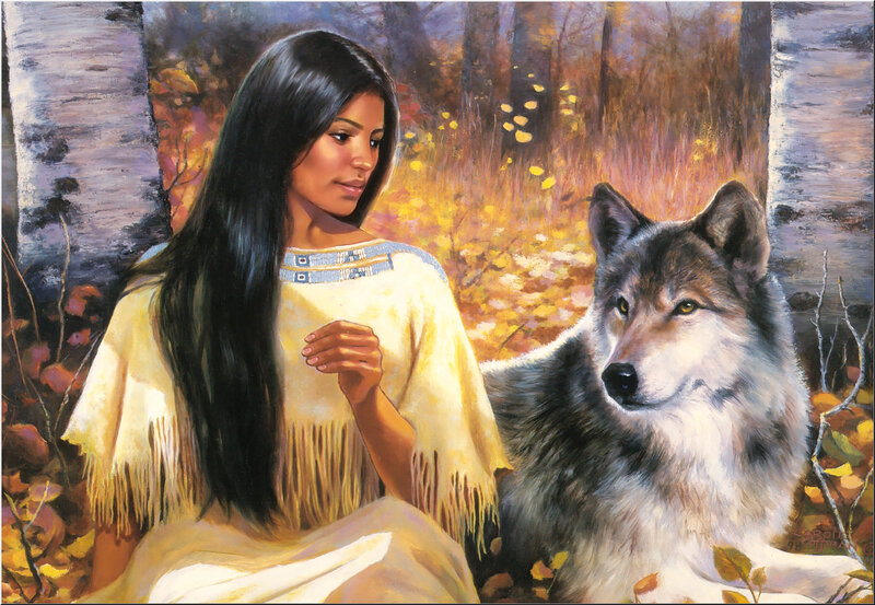 Native Woman with Wolf — Yellow