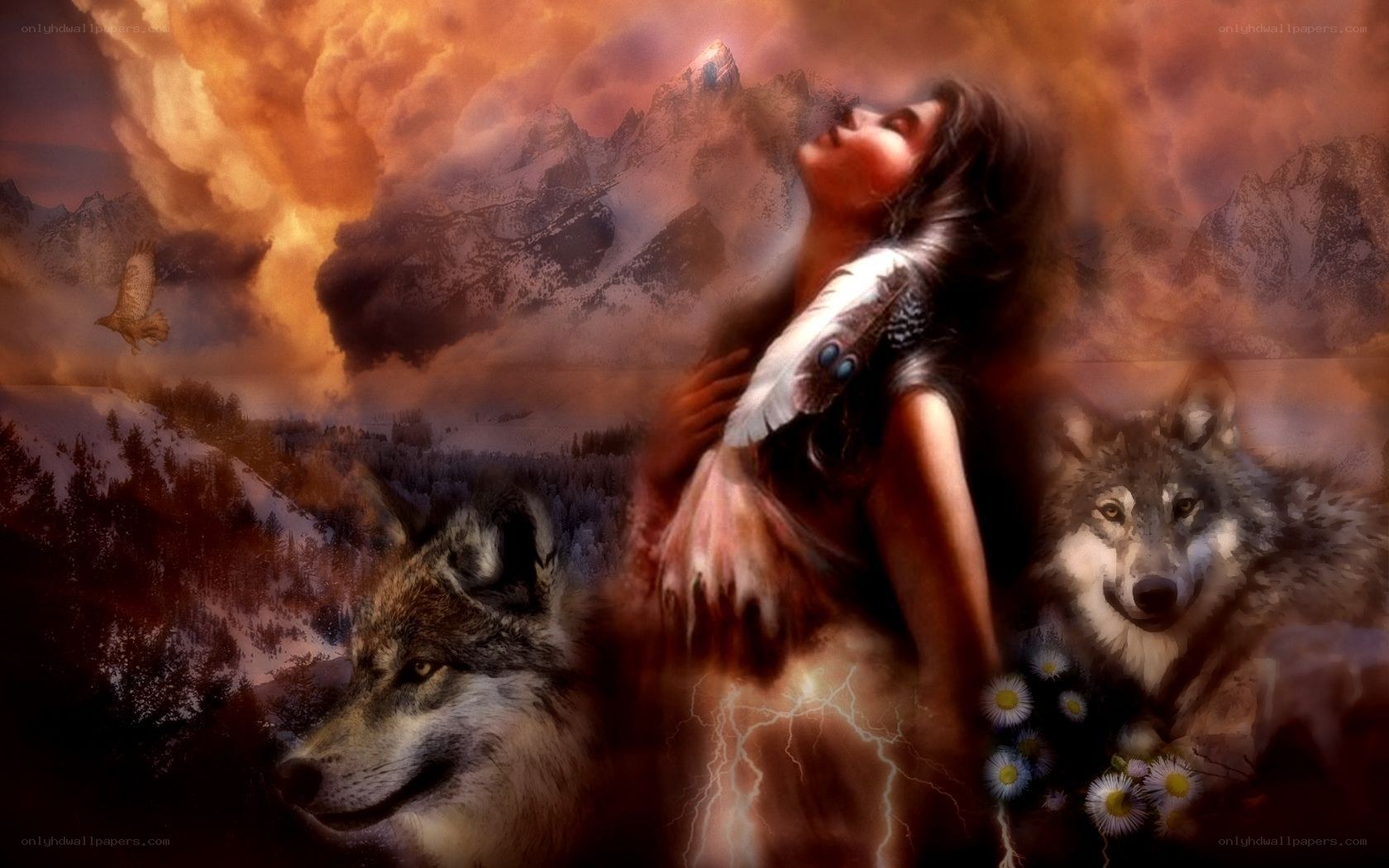 Native woman with wolves