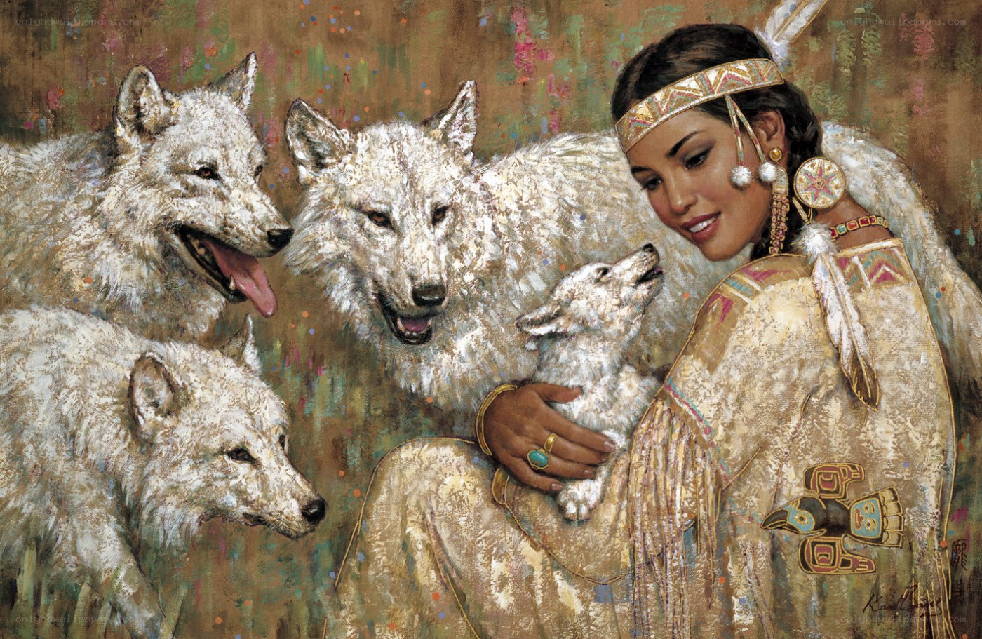 Native woman with wolves