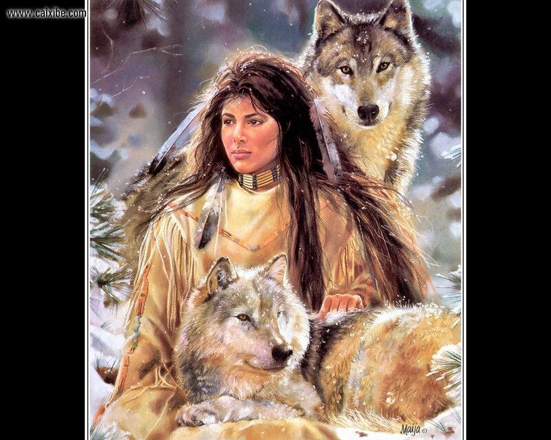 Native woman with wolves