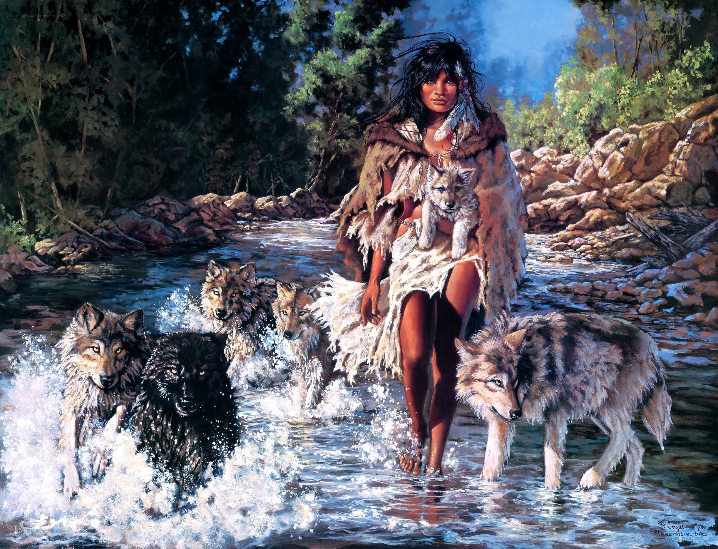 Native woman with wolves in stream