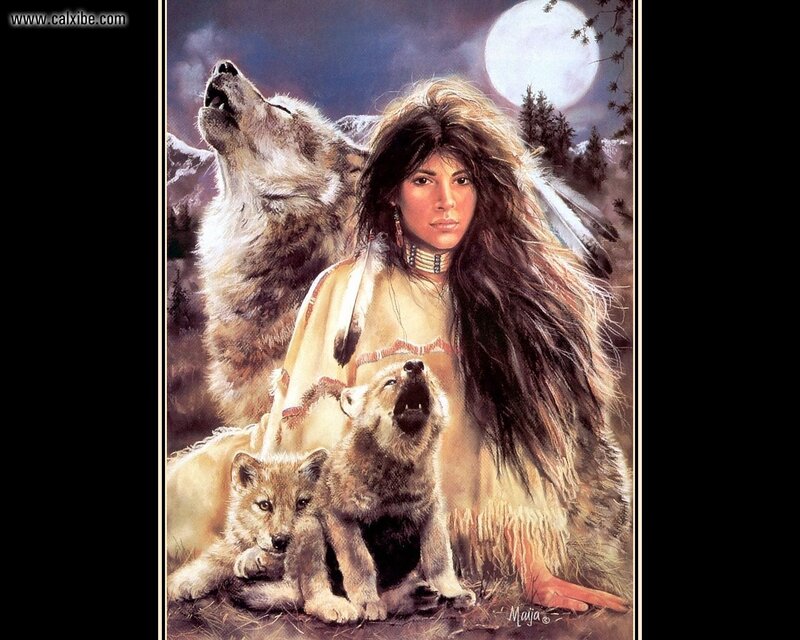Native woman with wolves under moon