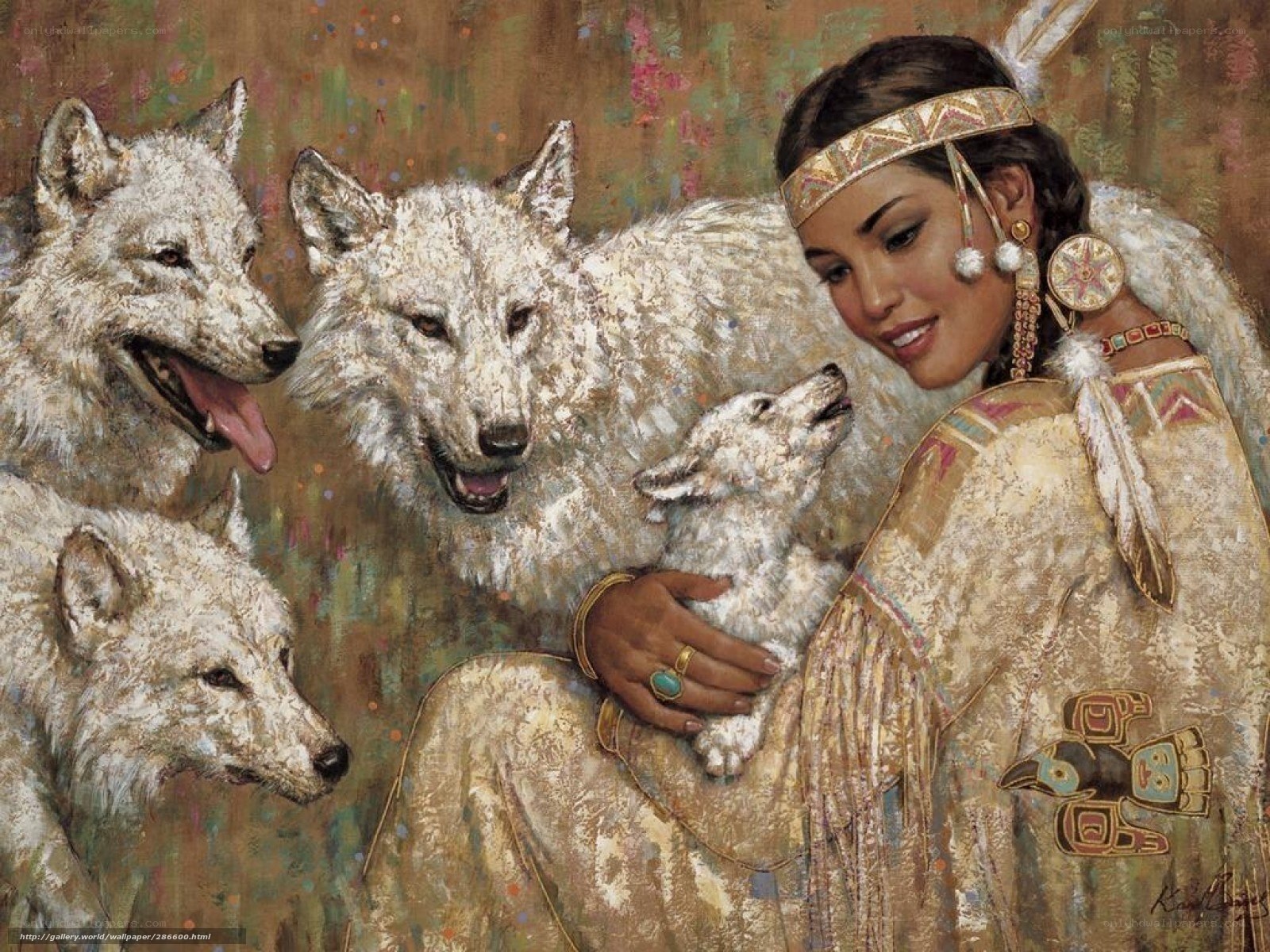 Native woman with wolves