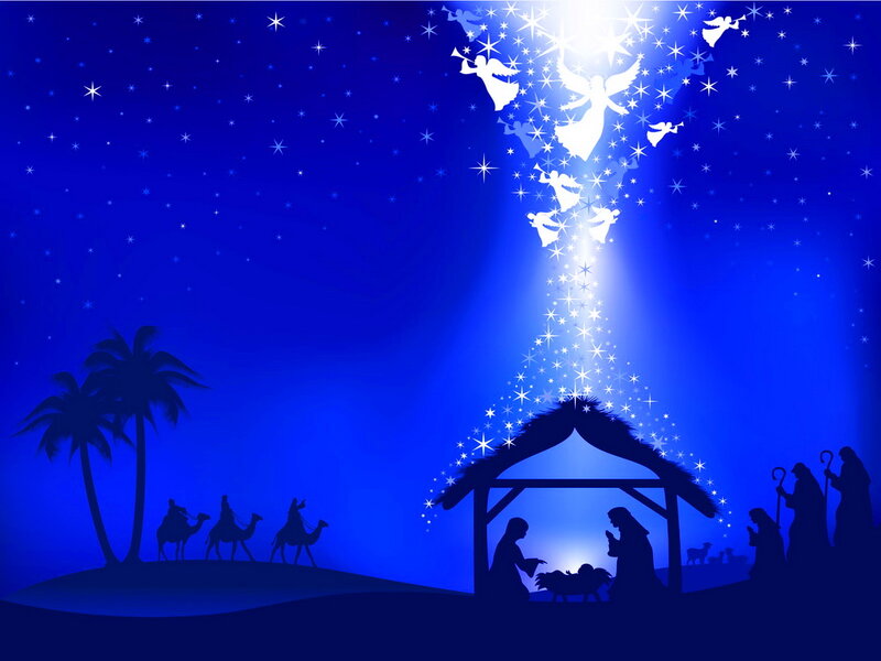 Nativity Scene at Night — Blue, Serene, Illustration, Angels