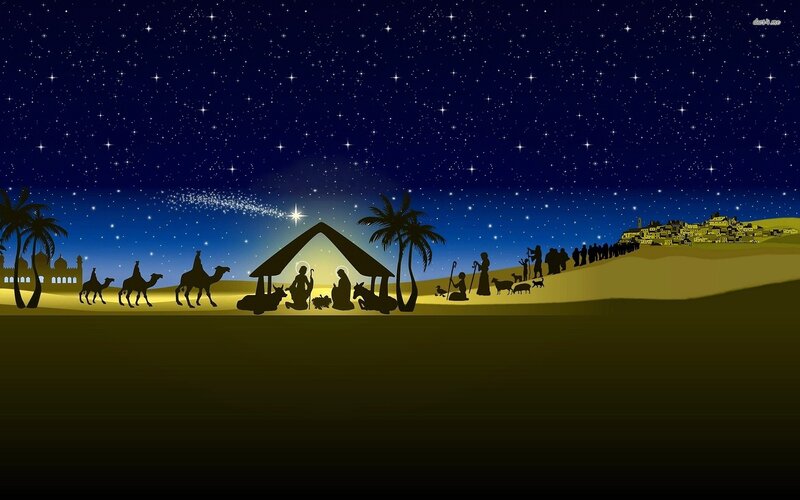 Nativity Scene at Night — Blue, Serene, Illustration, Star of Bethlehem