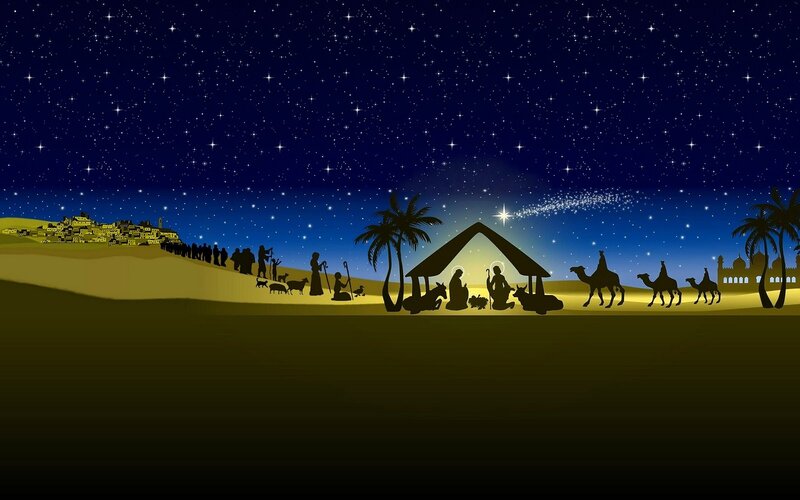 Nativity Scene at Night — Blue, Serene, Illustration, Star