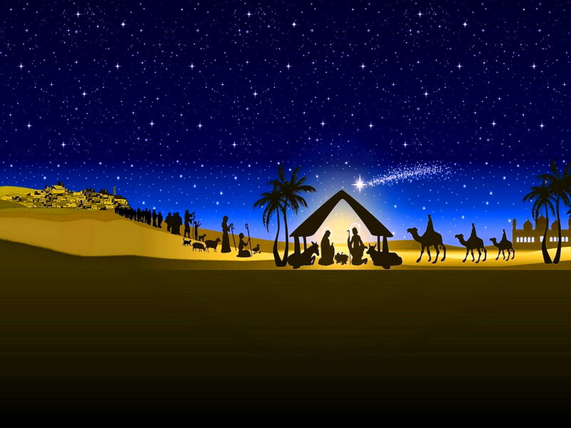 Nativity Scene at Night — Blue, Serene, Illustration