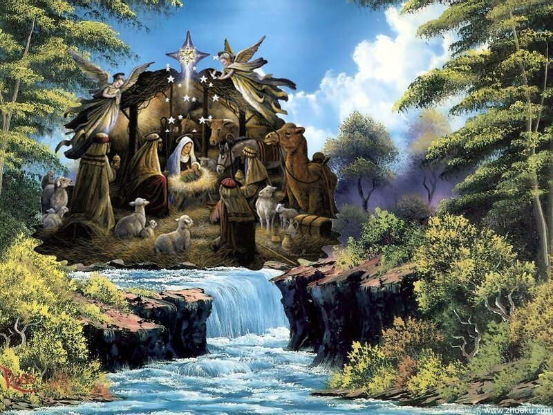 Nativity Scene in Forest — Blue