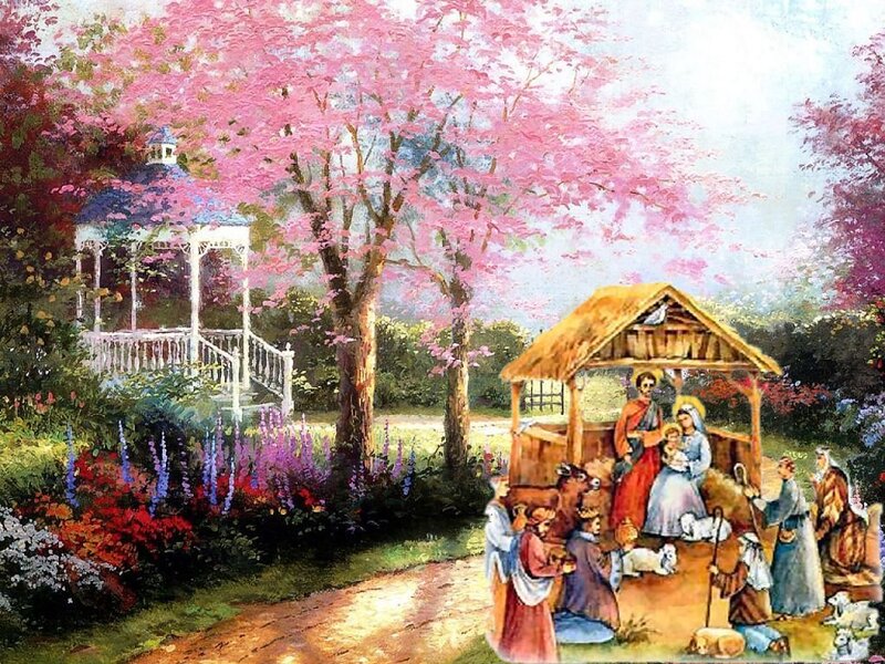 Nativity Scene in Garden — Pink