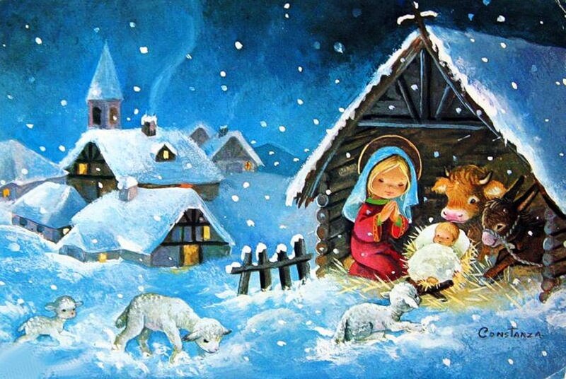 Nativity Scene in Snow — Blue, Peaceful, Winter