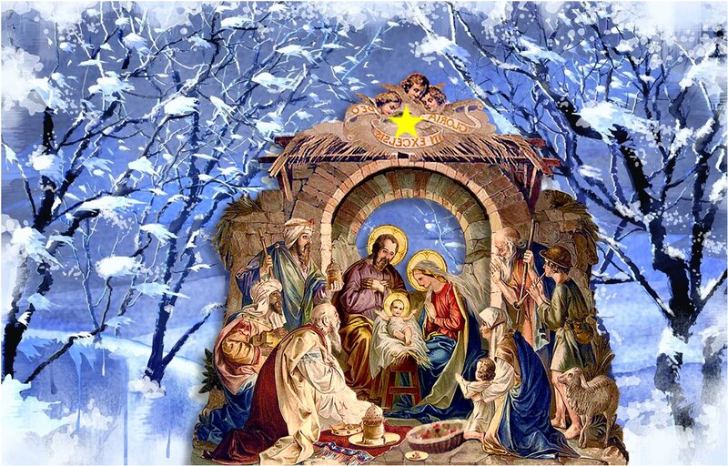 Nativity Scene in Snow — Blue, Serene, Winter
